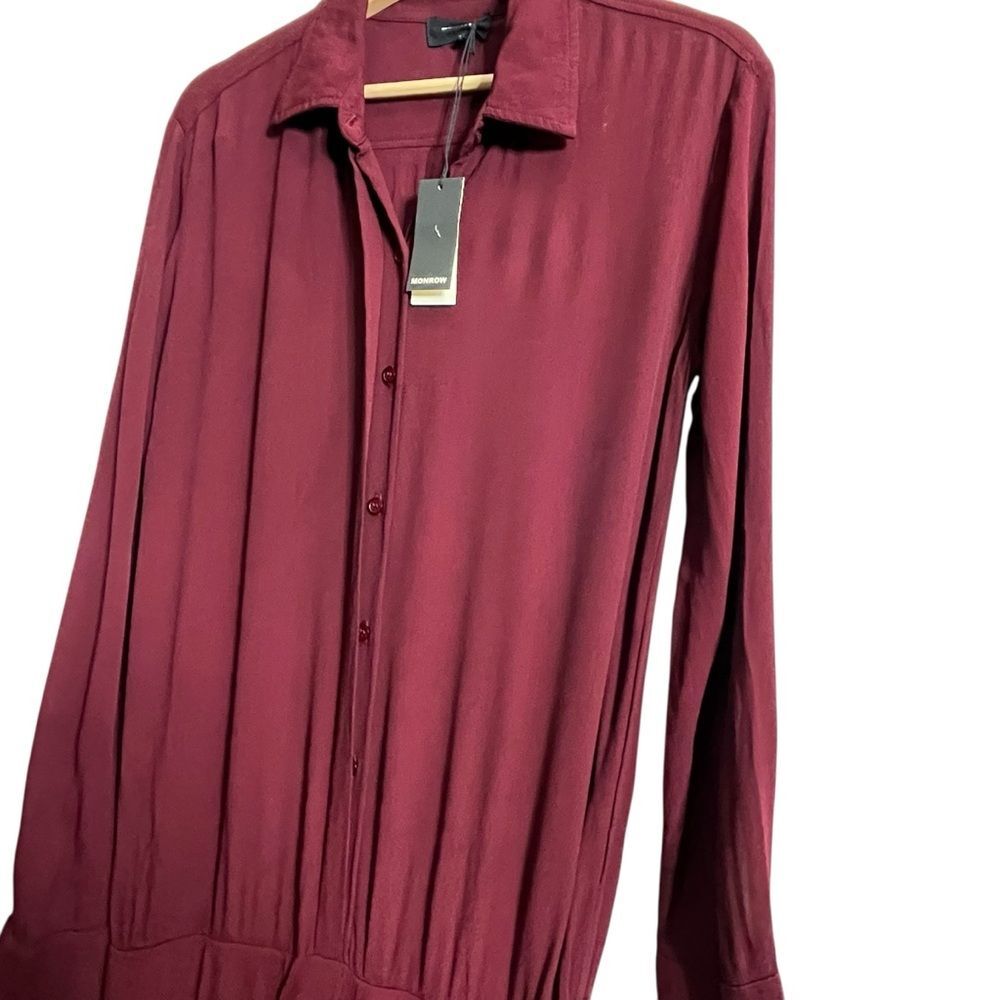 MONROW NWT Crepe Jumpsuit Women’s XS Bordeaux Long Sleeve Button Waist Work - Picture 5 of 12